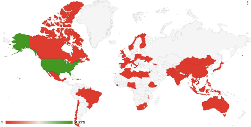 Map of the world. Some countries are gray. Some countries are red. The US is the only green country. In addition to the US, the three countries that use the Checklist the most are India, China, and Canada - all in red on the map.