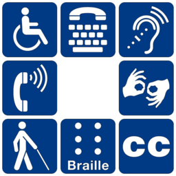 Title image: Symbols of accessibility for mobility disabilities, access for hearing loss, sign language interpretation, braille, and more.