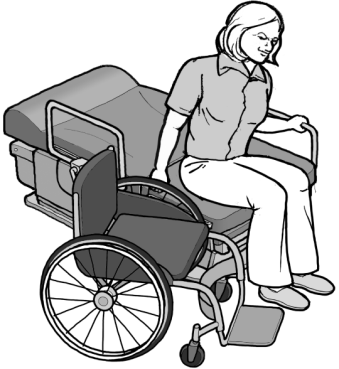 Un dibujo de una mujer transfiriéndose de una silla de ruedas a una mesa de examen médico accesible